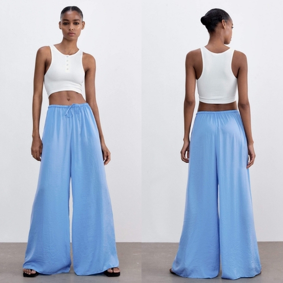 Zara Pants - Zara Blue Satin Effect Wide Leg Pants